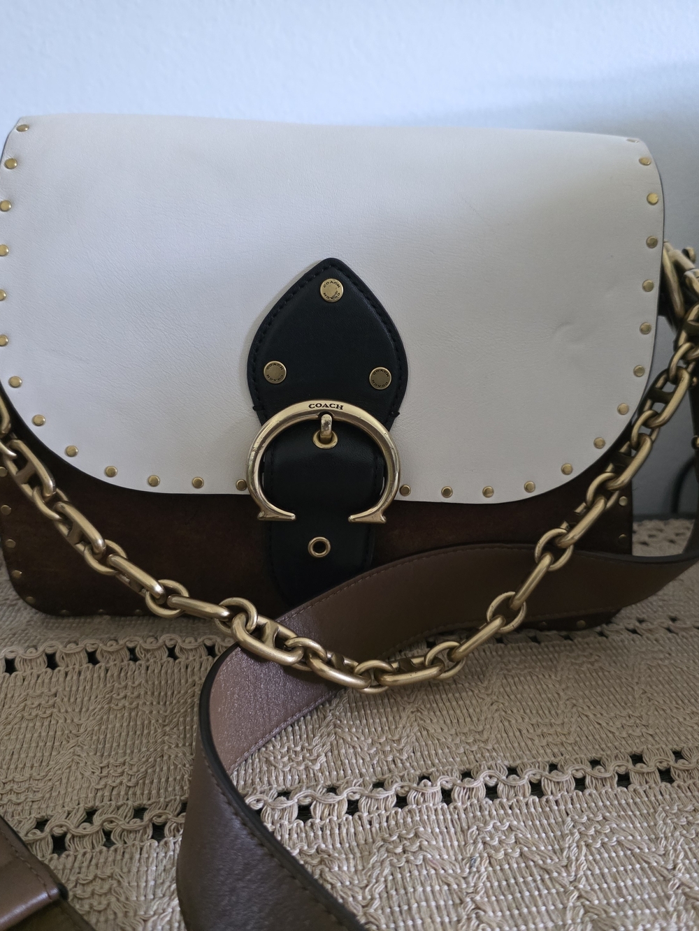 Coach Two-Tone Leather Crossbody in White, Brown & Black with Gold Hardware